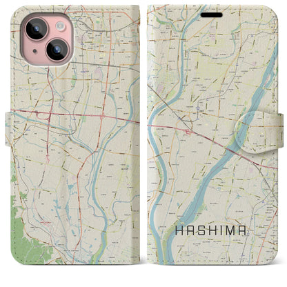 【羽島（岐阜県）】地図柄iPhoneケース（手帳タイプ）ナチュラル・iPhone 15 Plus 用
