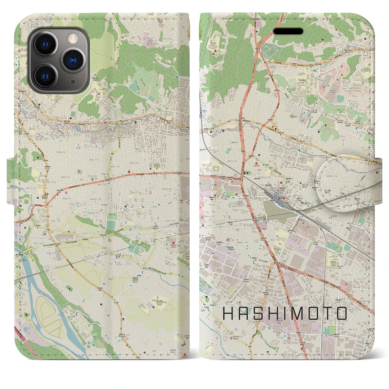 【橋本】地図柄iPhoneケース（手帳両面タイプ・ナチュラル）iPhone 11 Pro Max 用
