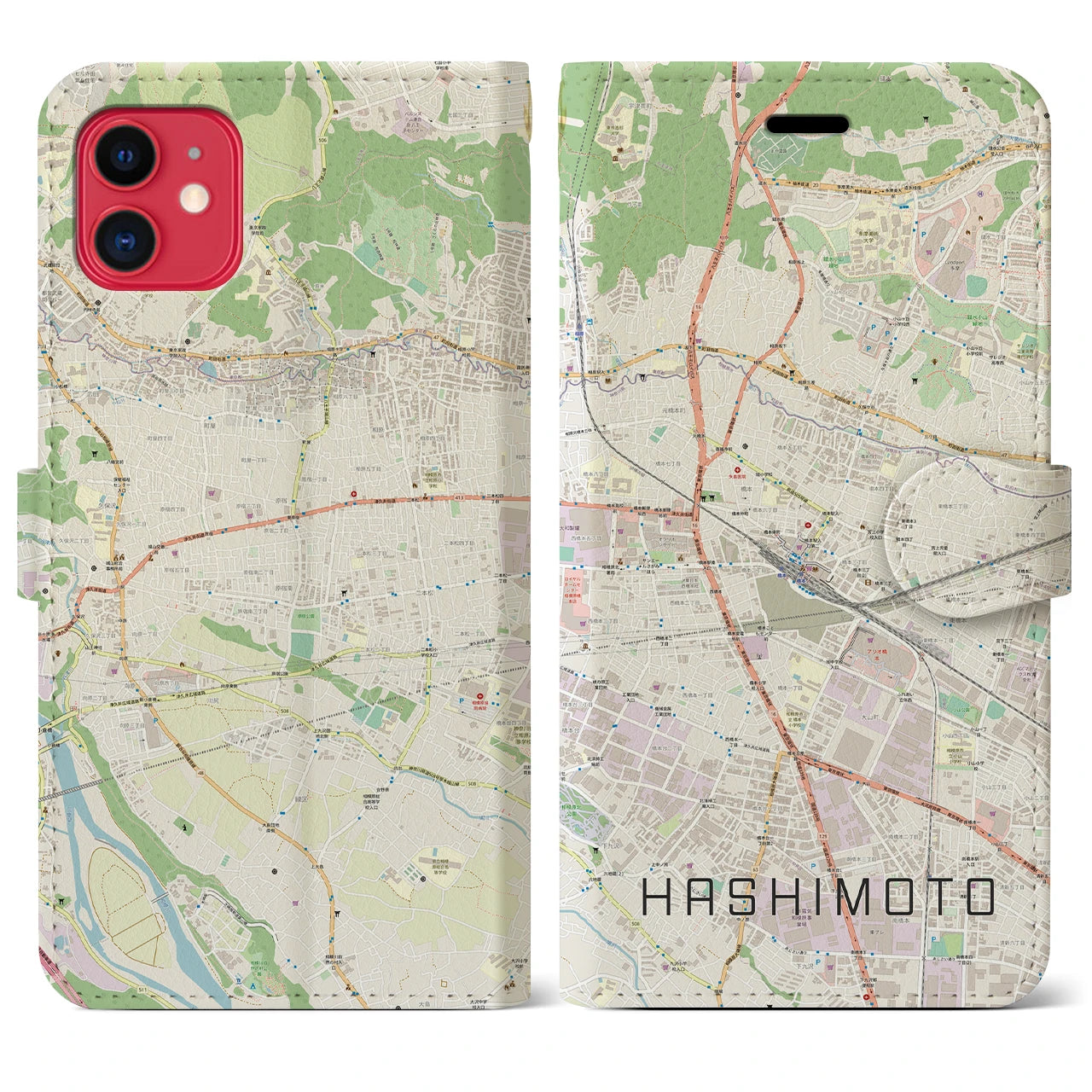 【橋本】地図柄iPhoneケース（手帳両面タイプ・ナチュラル）iPhone 11 用