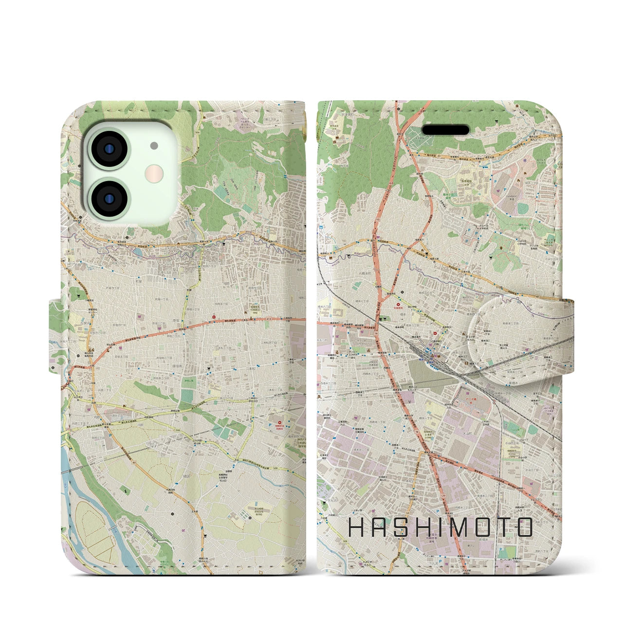 【橋本】地図柄iPhoneケース（手帳両面タイプ・ナチュラル）iPhone 12 mini 用