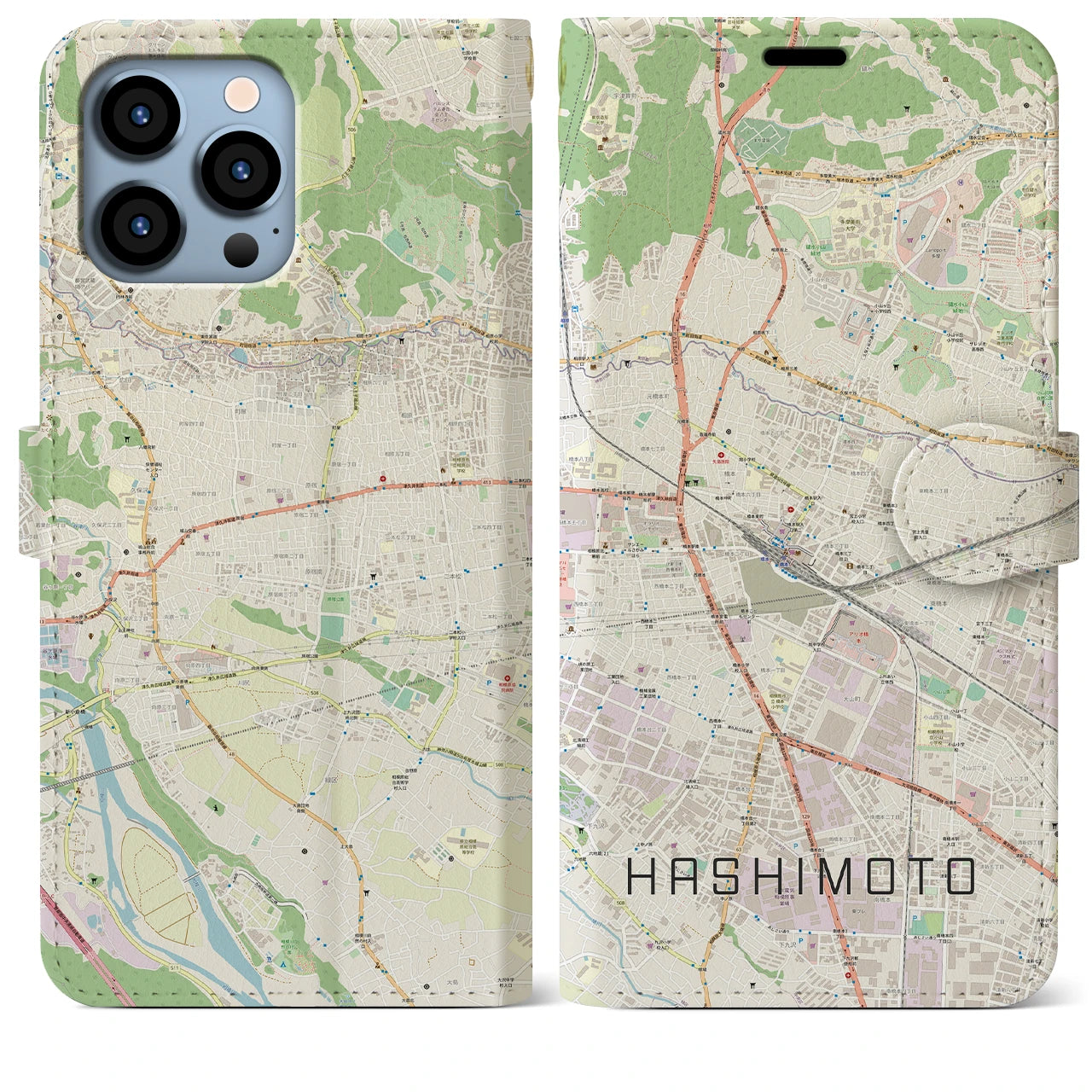【橋本】地図柄iPhoneケース（手帳両面タイプ・ナチュラル）iPhone 13 Pro Max 用