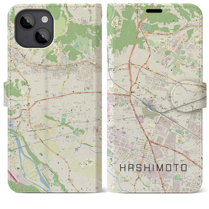【橋本（神奈川県）】地図柄iPhoneケース（手帳タイプ）ナチュラル・iPhone 14 Plus 用
