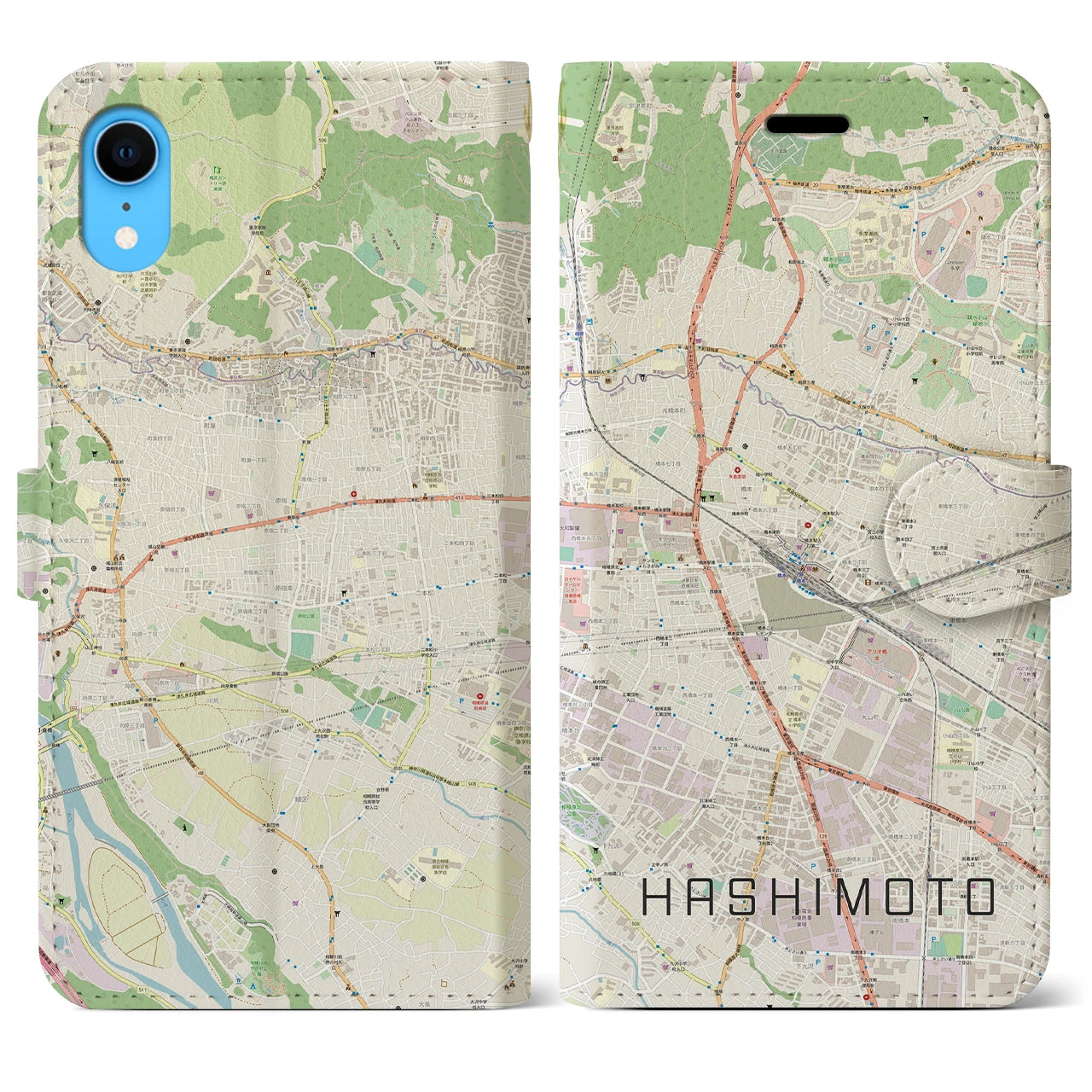 【橋本】地図柄iPhoneケース（手帳両面タイプ・ナチュラル）iPhone XR 用