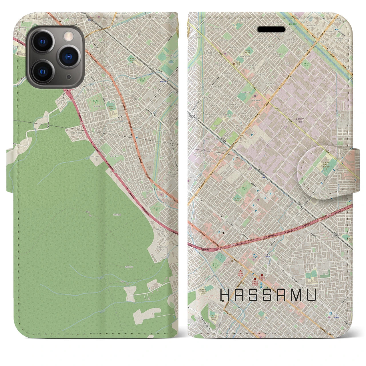【発寒】地図柄iPhoneケース（手帳両面タイプ・ナチュラル）iPhone 11 Pro Max 用