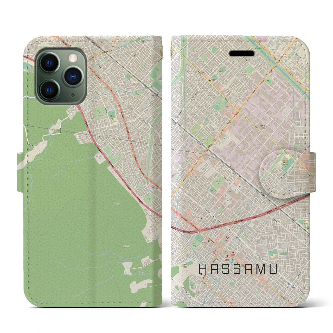 【発寒】地図柄iPhoneケース（手帳両面タイプ・ナチュラル）iPhone 11 Pro 用