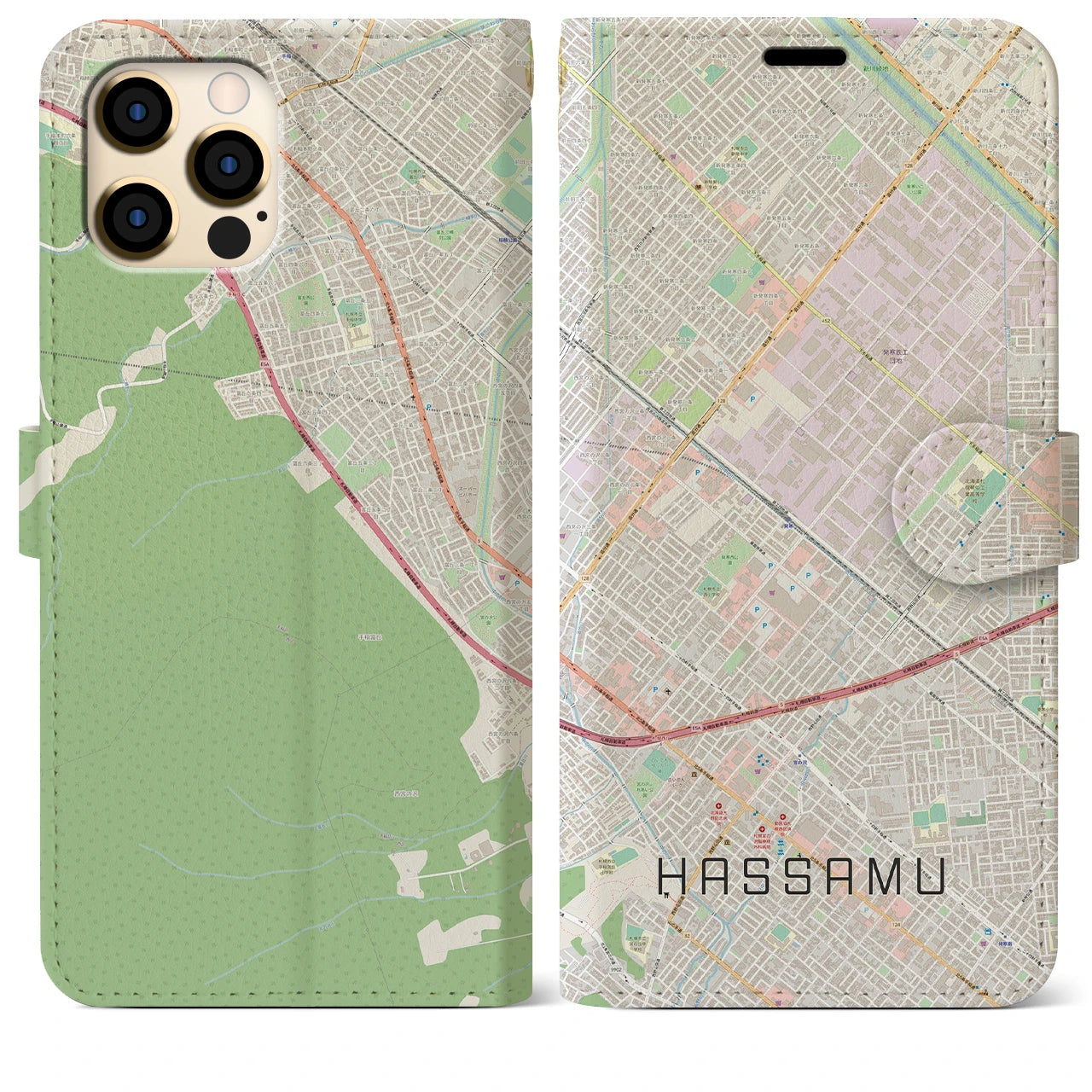 【発寒】地図柄iPhoneケース（手帳両面タイプ・ナチュラル）iPhone 12 Pro Max 用