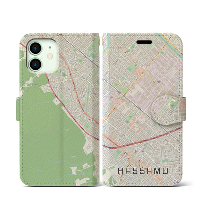 【発寒（北海道）】地図柄iPhoneケース（手帳タイプ）ナチュラル・iPhone 12 mini 用