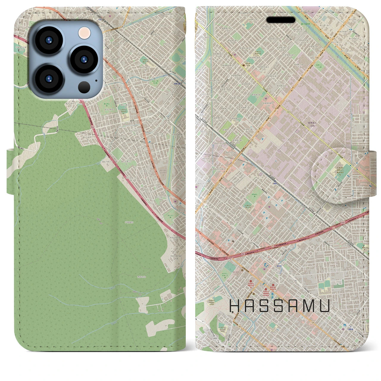 【発寒】地図柄iPhoneケース（手帳両面タイプ・ナチュラル）iPhone 13 Pro Max 用