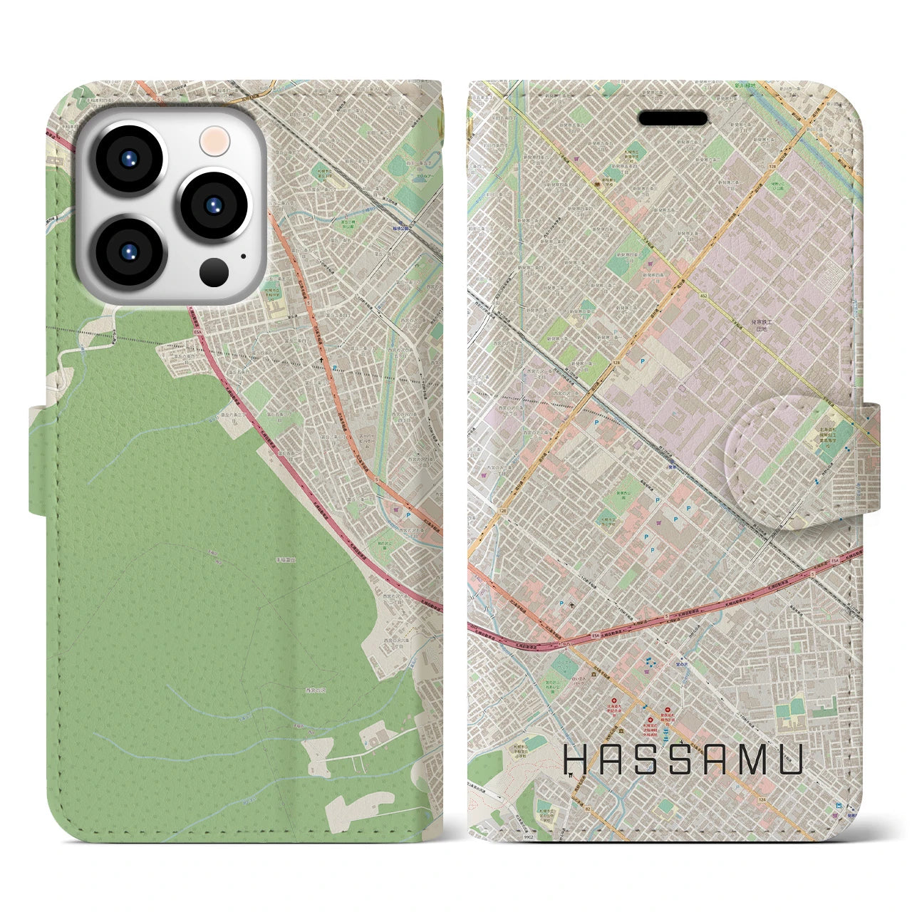 【発寒】地図柄iPhoneケース（手帳両面タイプ・ナチュラル）iPhone 13 Pro 用