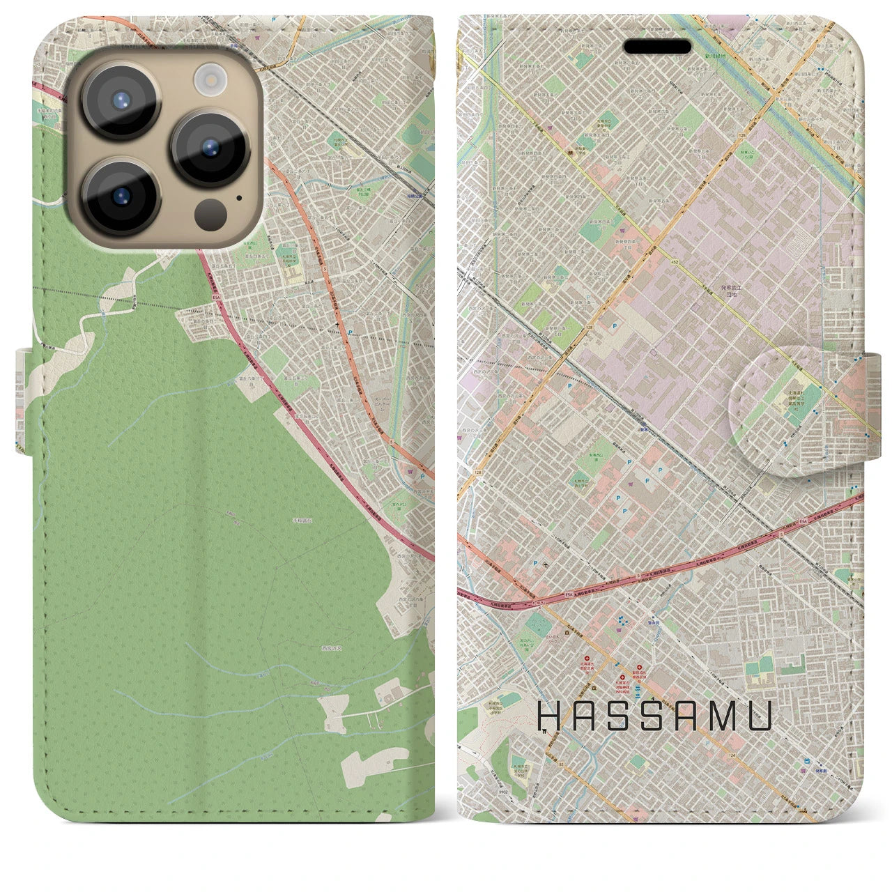 【発寒】地図柄iPhoneケース（手帳両面タイプ・ナチュラル）iPhone 14 Pro Max 用