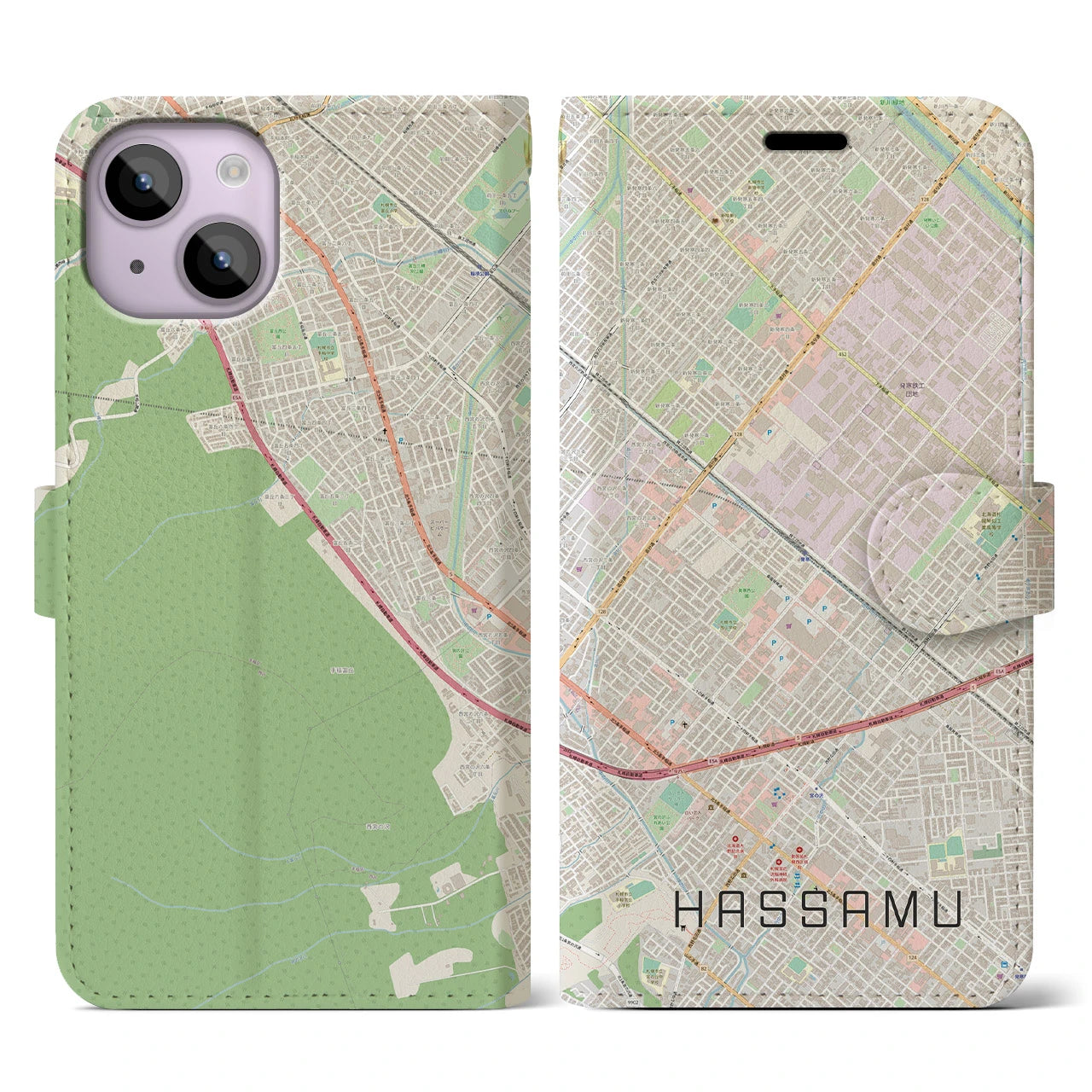 【発寒】地図柄iPhoneケース（手帳両面タイプ・ナチュラル）iPhone 14 用