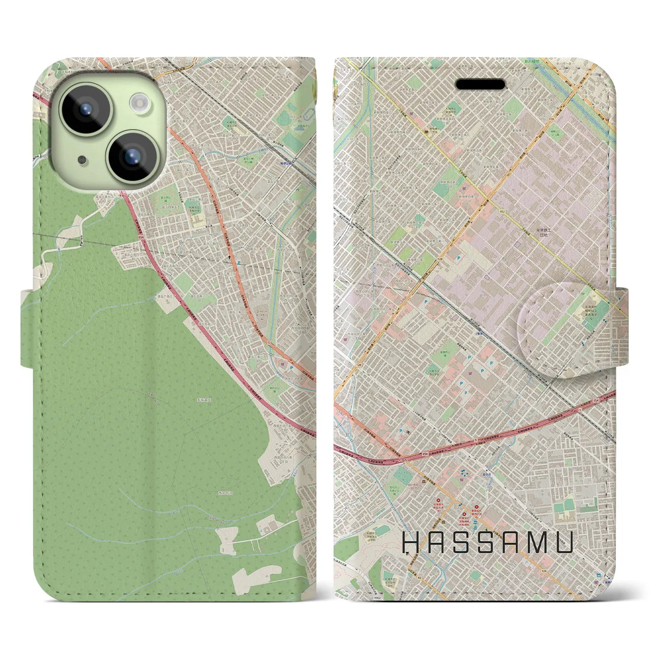 【発寒】地図柄iPhoneケース（手帳両面タイプ・ナチュラル）iPhone 15 用