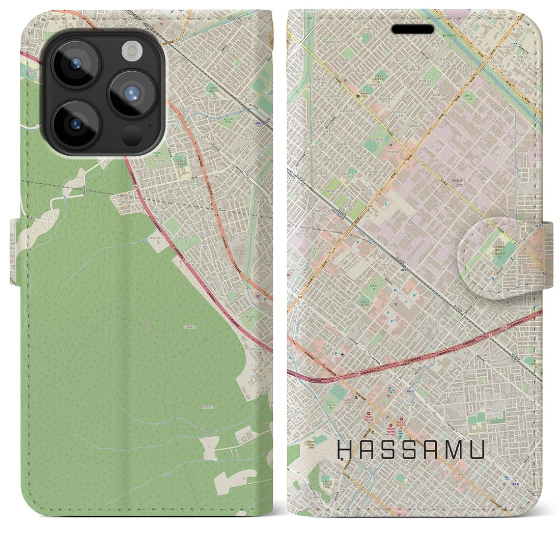 【発寒】地図柄iPhoneケース（手帳両面タイプ・ナチュラル）iPhone 15 Pro Max 用