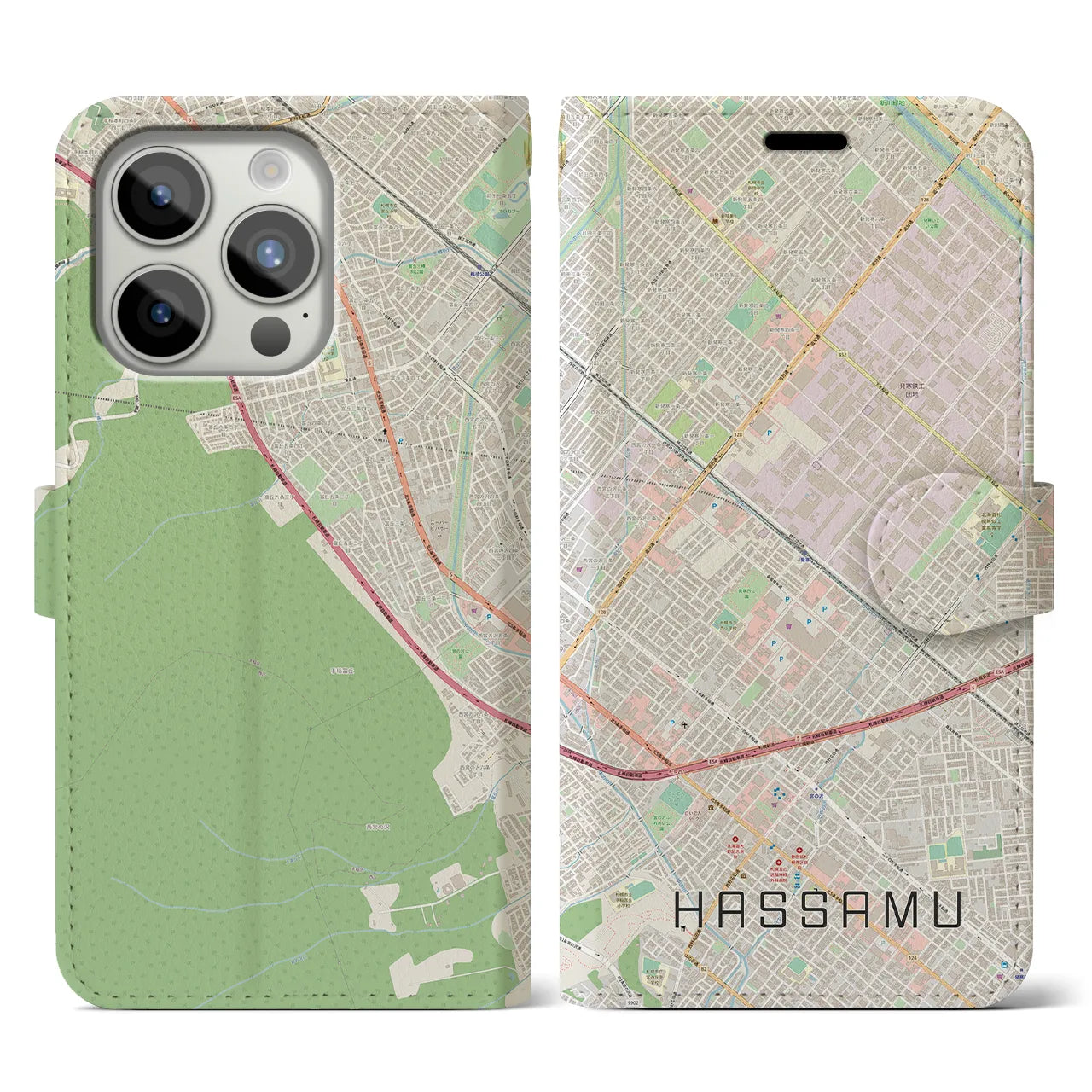 【発寒】地図柄iPhoneケース（手帳両面タイプ・ナチュラル）iPhone 15 Pro 用