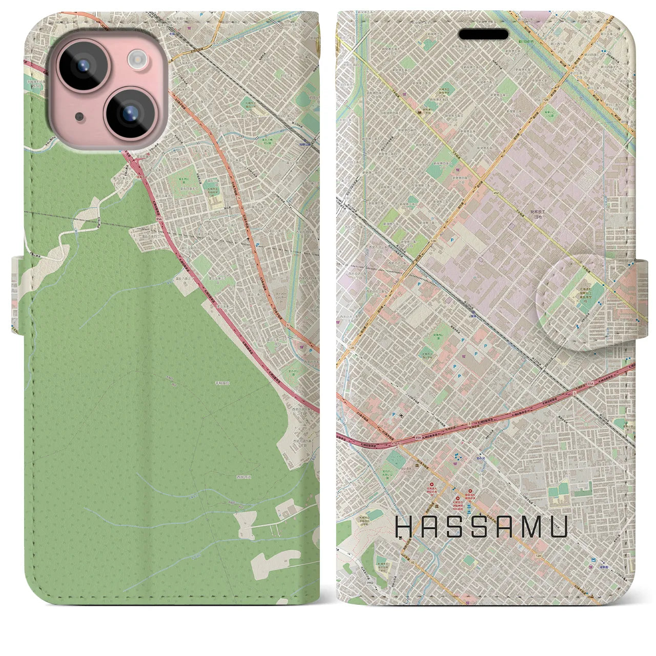 【発寒】地図柄iPhoneケース（手帳両面タイプ・ナチュラル）iPhone 15 Plus 用