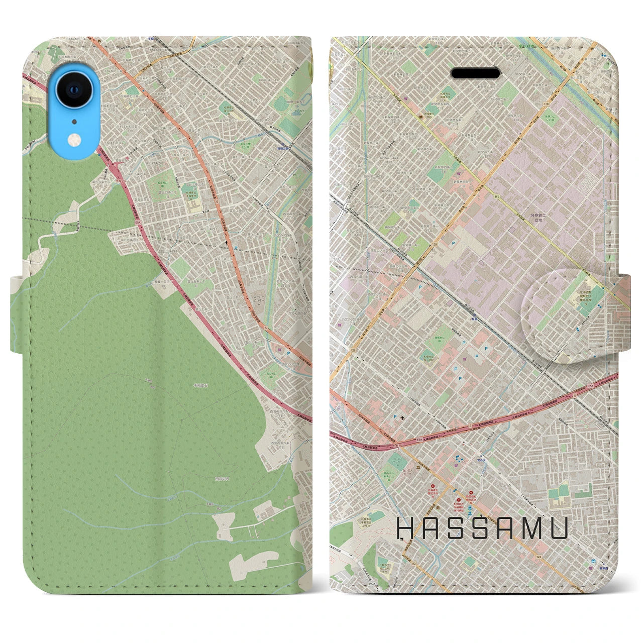 【発寒】地図柄iPhoneケース（手帳両面タイプ・ナチュラル）iPhone XR 用