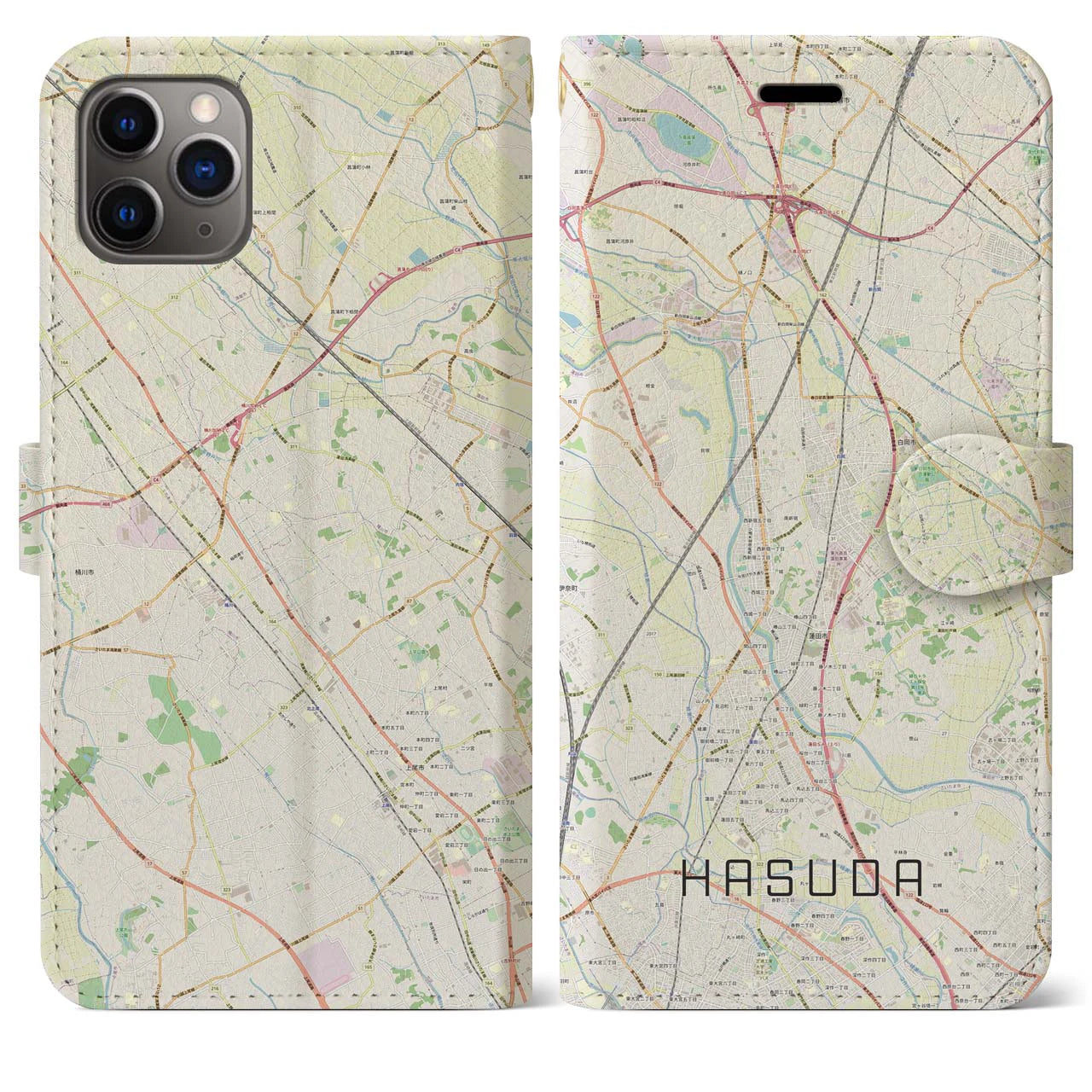 【蓮田】地図柄iPhoneケース（手帳両面タイプ・ナチュラル）iPhone 11 Pro Max 用