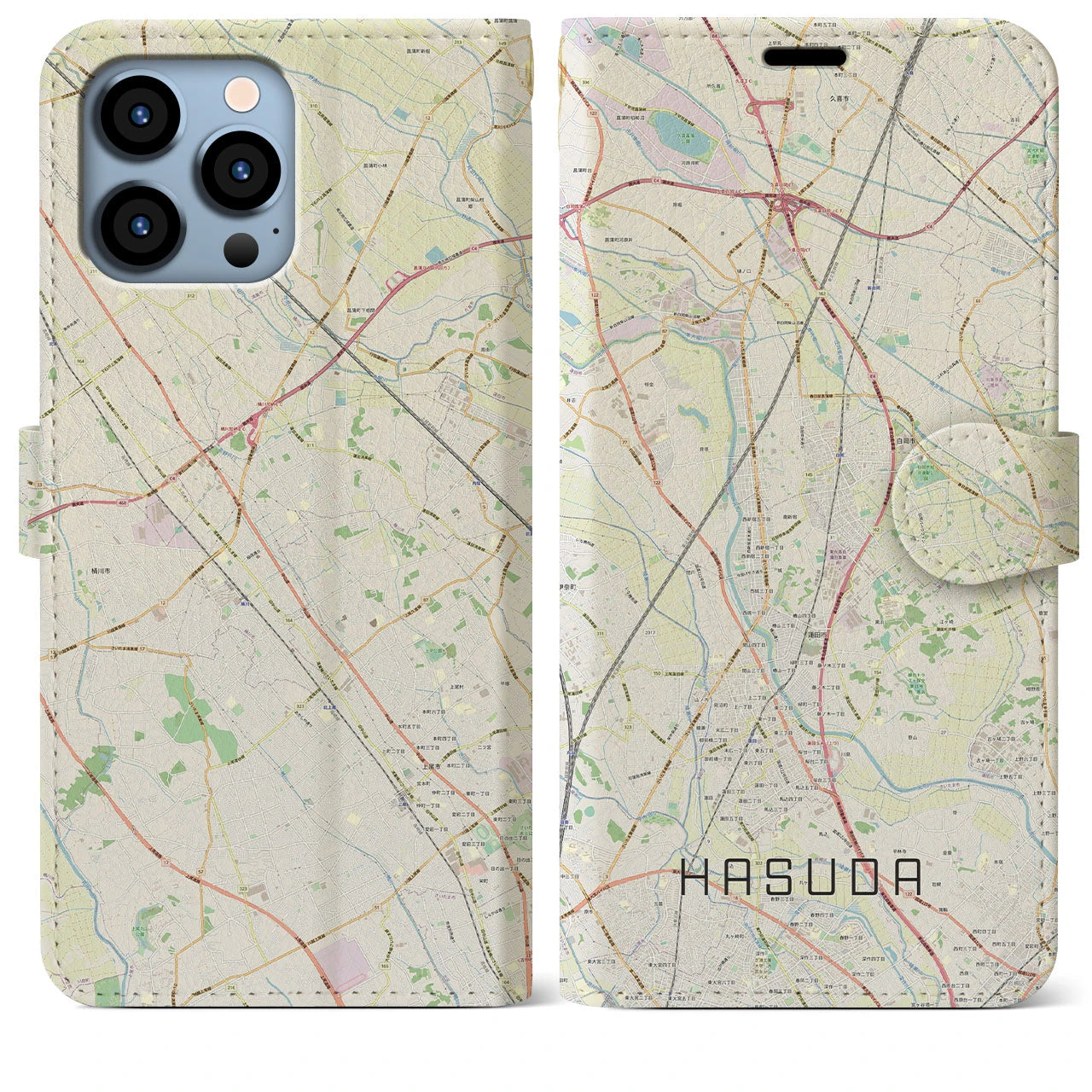 【蓮田】地図柄iPhoneケース（手帳両面タイプ・ナチュラル）iPhone 13 Pro Max 用