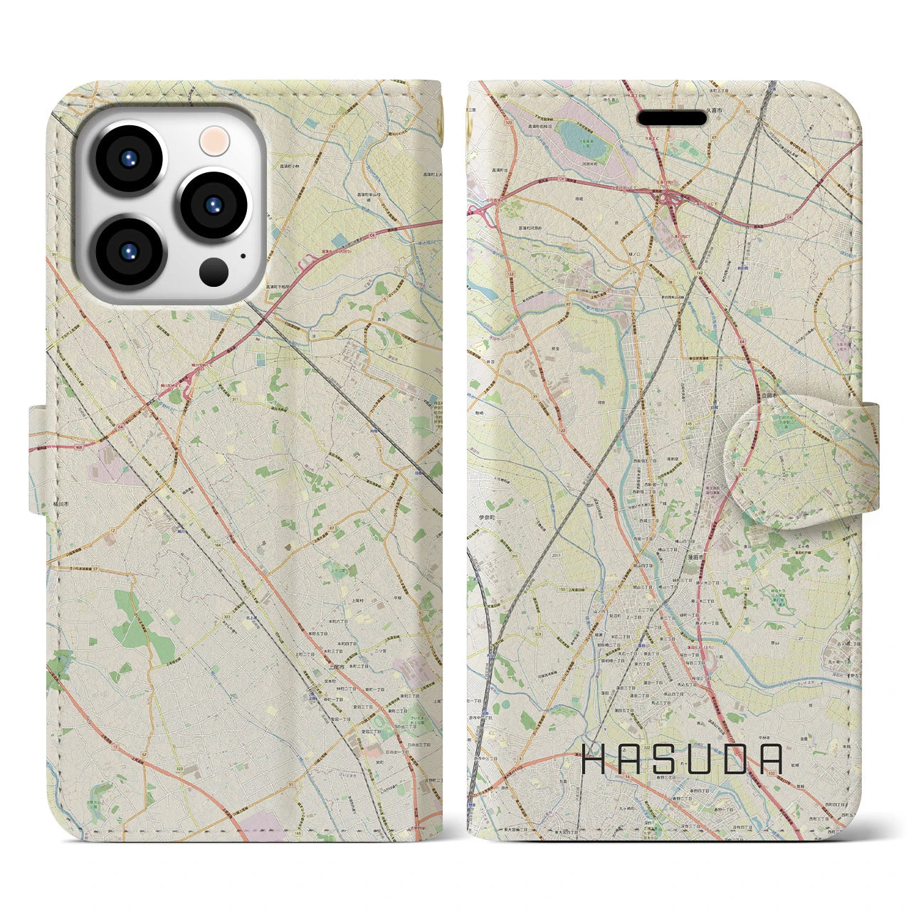 【蓮田】地図柄iPhoneケース（手帳両面タイプ・ナチュラル）iPhone 13 Pro 用