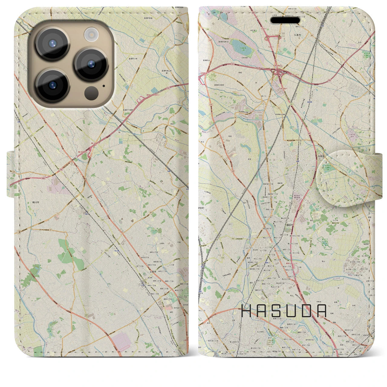 【蓮田】地図柄iPhoneケース（手帳両面タイプ・ナチュラル）iPhone 14 Pro Max 用