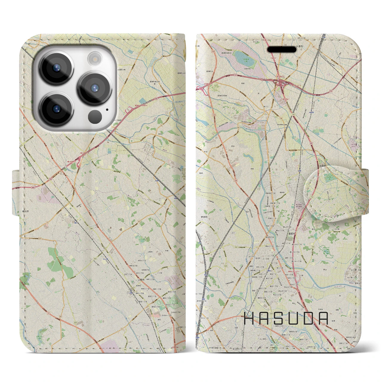 【蓮田】地図柄iPhoneケース（手帳両面タイプ・ナチュラル）iPhone 14 Pro 用