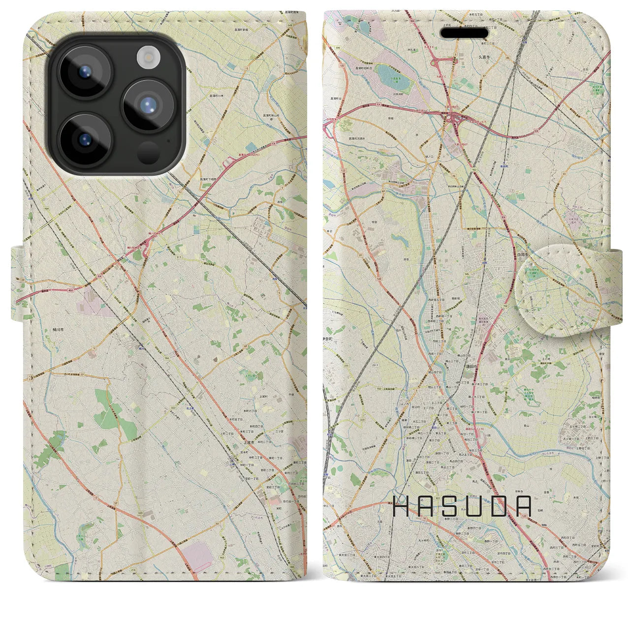 【蓮田】地図柄iPhoneケース（手帳両面タイプ・ナチュラル）iPhone 15 Pro Max 用