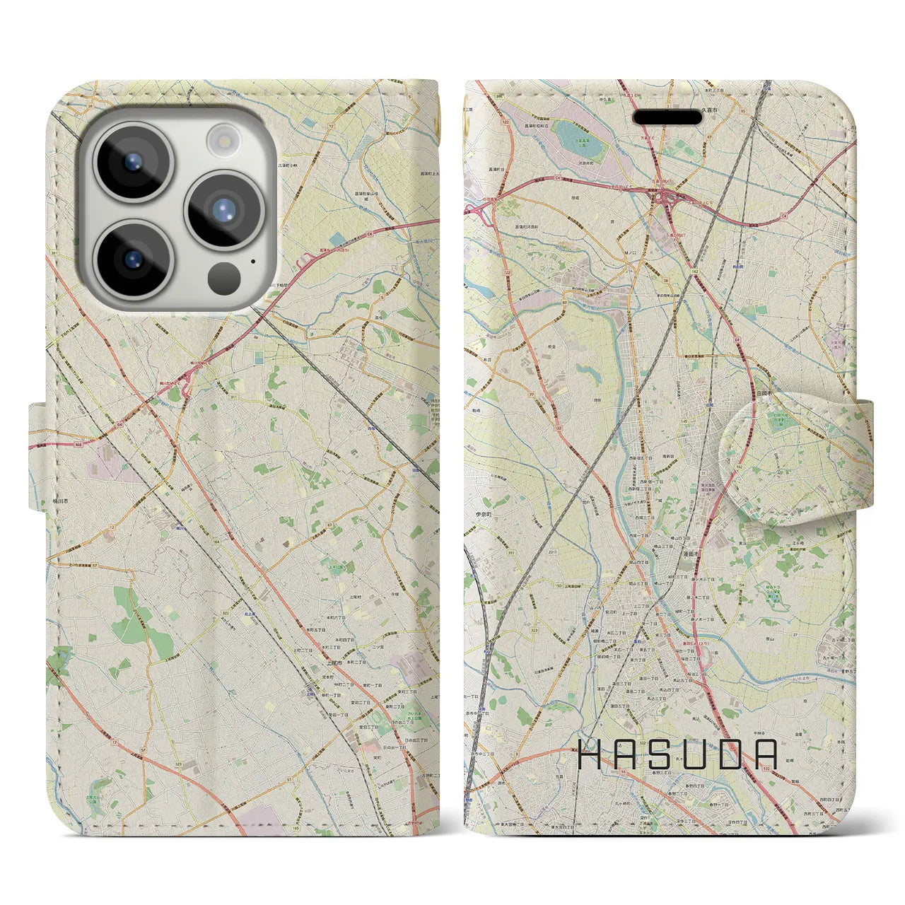 【蓮田】地図柄iPhoneケース（手帳両面タイプ・ナチュラル）iPhone 15 Pro 用