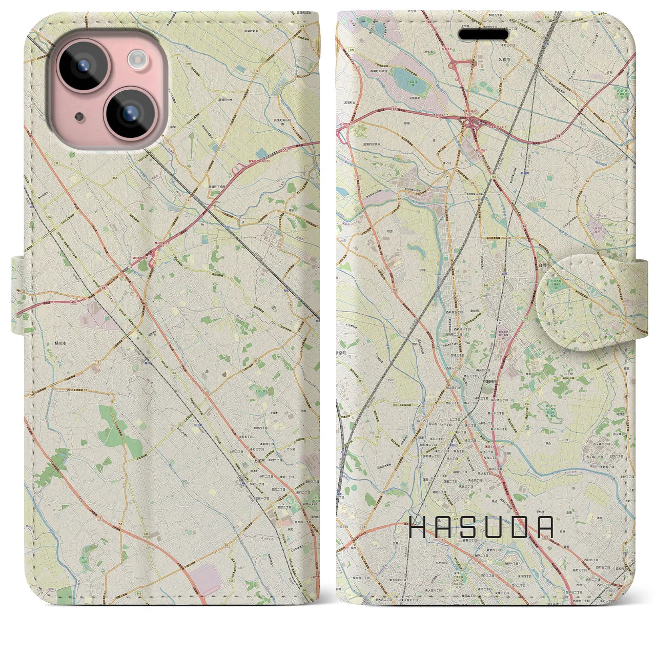 【蓮田】地図柄iPhoneケース（手帳両面タイプ・ナチュラル）iPhone 15 Plus 用
