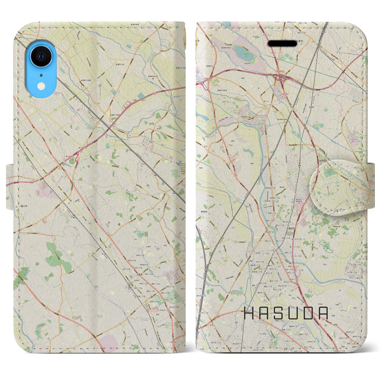 【蓮田】地図柄iPhoneケース（手帳両面タイプ・ナチュラル）iPhone XR 用