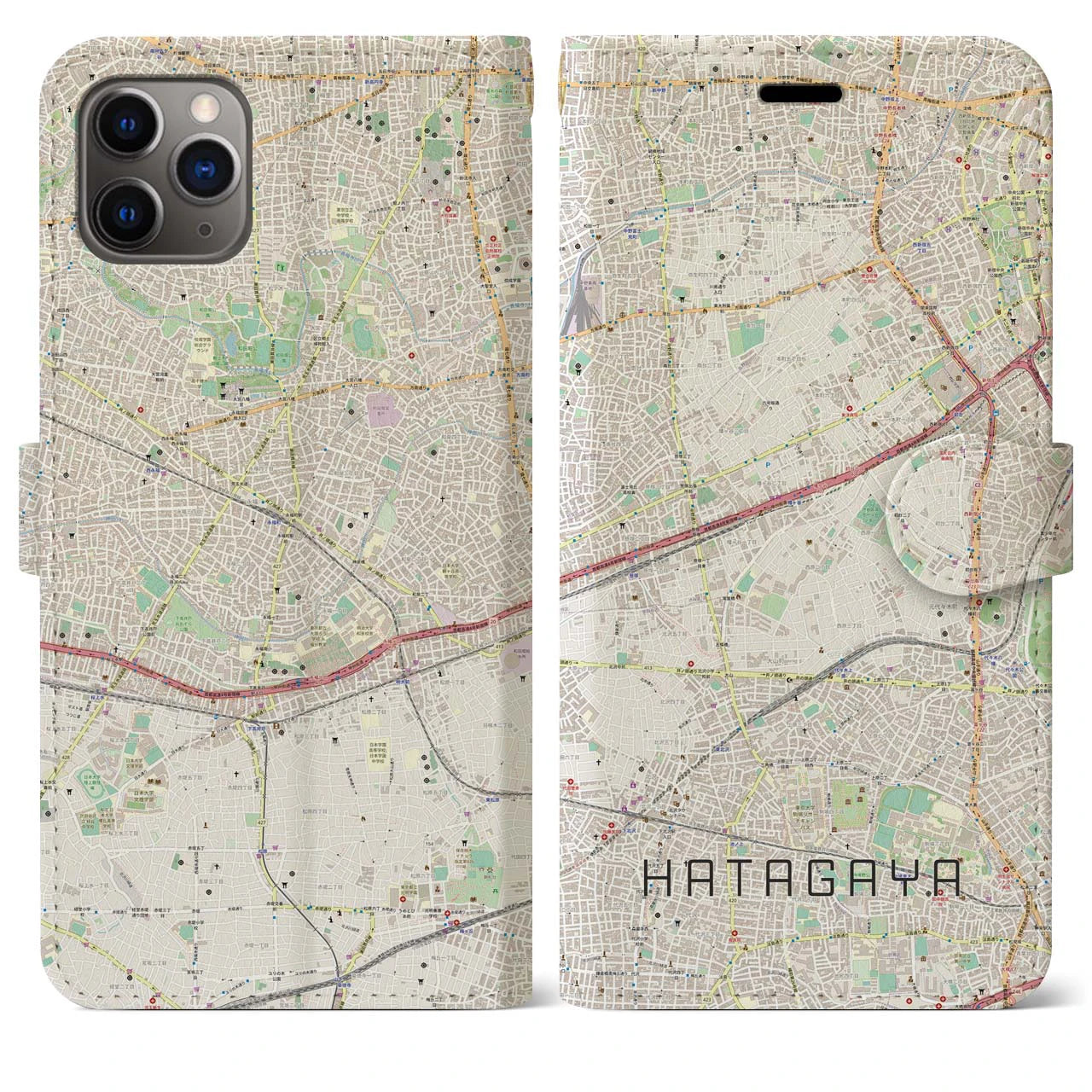 【幡ヶ谷】地図柄iPhoneケース（手帳両面タイプ・ナチュラル）iPhone 11 Pro Max 用
