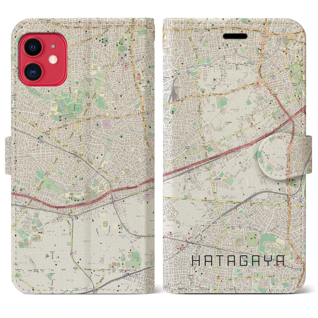 【幡ヶ谷】地図柄iPhoneケース（手帳両面タイプ・ナチュラル）iPhone 11 用