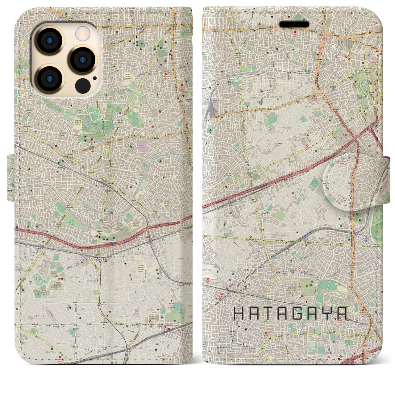 【幡ヶ谷】地図柄iPhoneケース（手帳両面タイプ・ナチュラル）iPhone 12 Pro Max 用