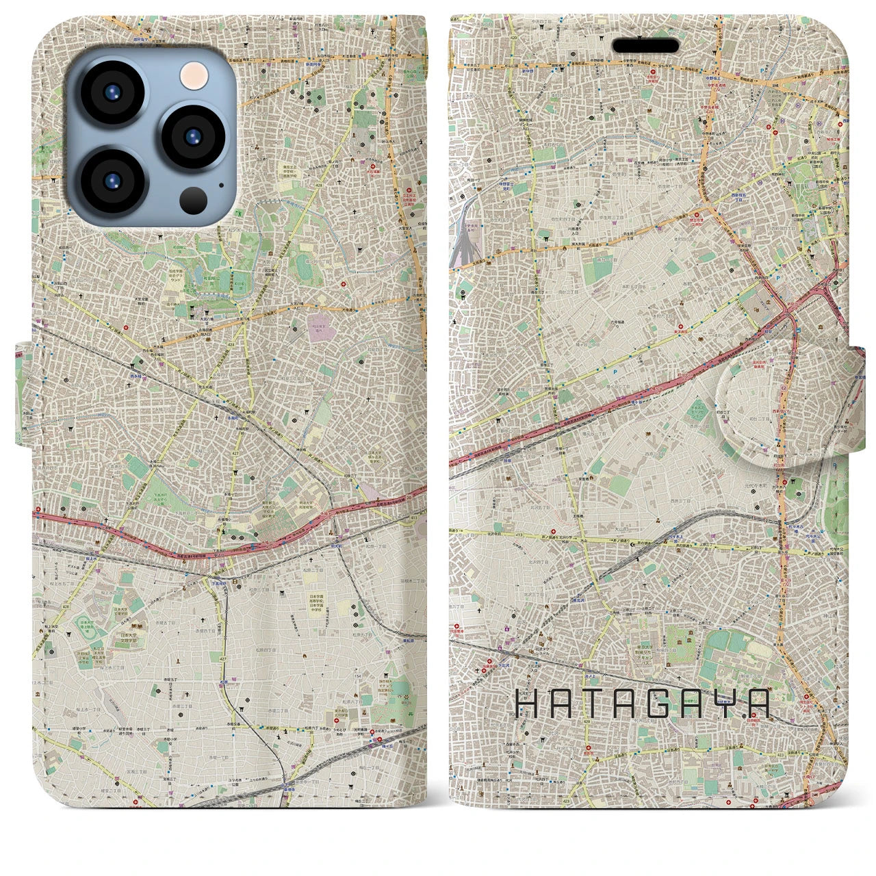 【幡ヶ谷】地図柄iPhoneケース（手帳両面タイプ・ナチュラル）iPhone 13 Pro Max 用