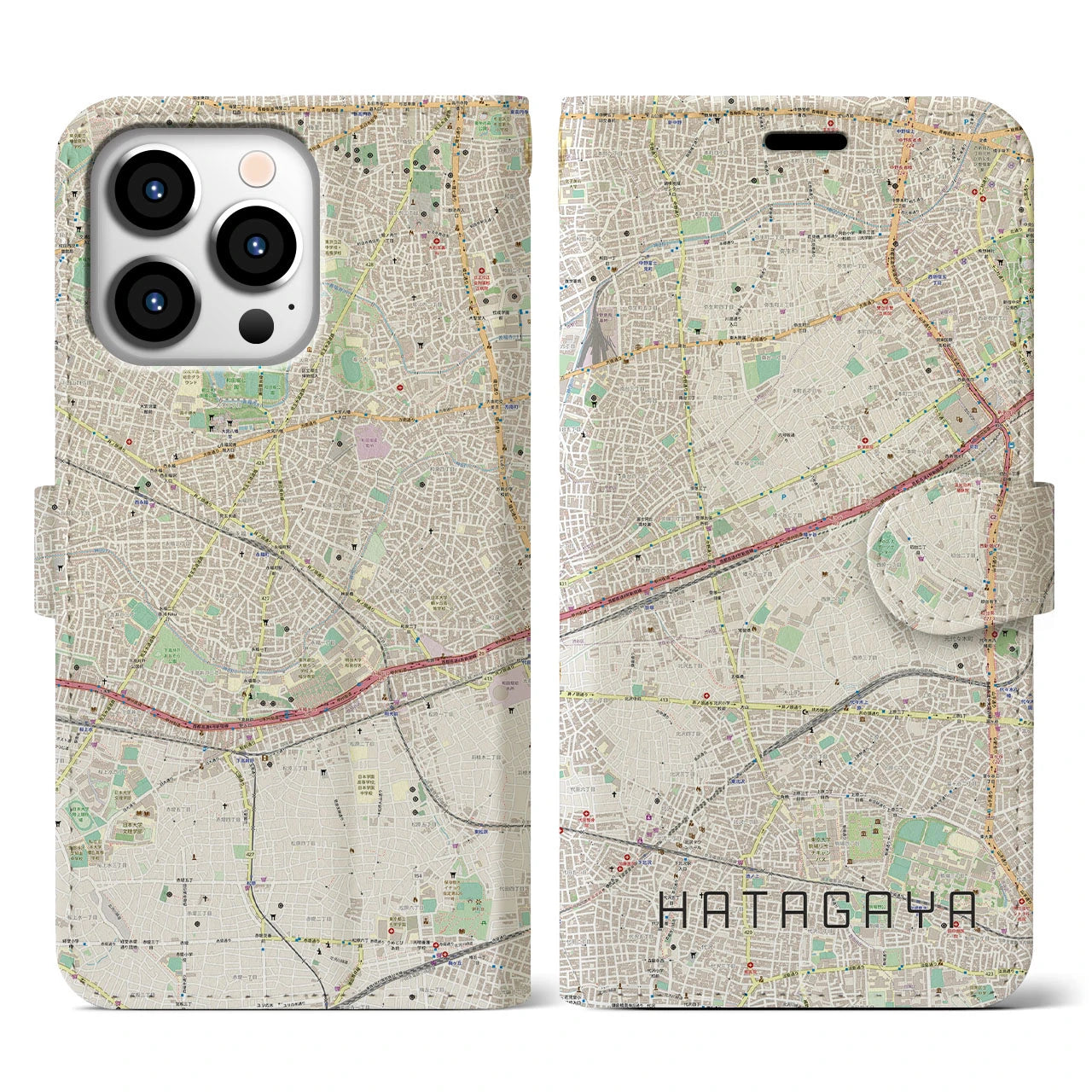 【幡ヶ谷】地図柄iPhoneケース（手帳両面タイプ・ナチュラル）iPhone 13 Pro 用