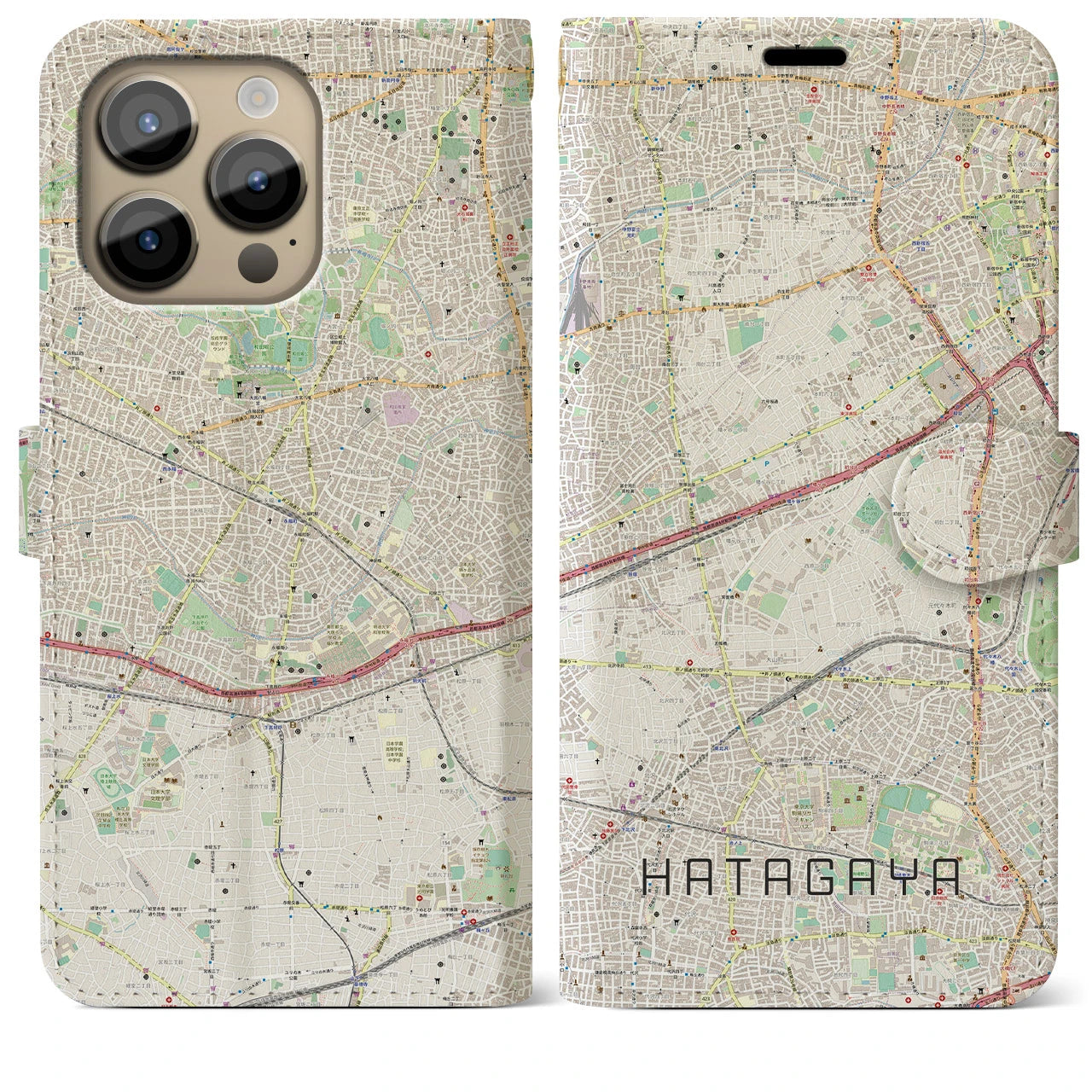 【幡ヶ谷】地図柄iPhoneケース（手帳両面タイプ・ナチュラル）iPhone 14 Pro Max 用