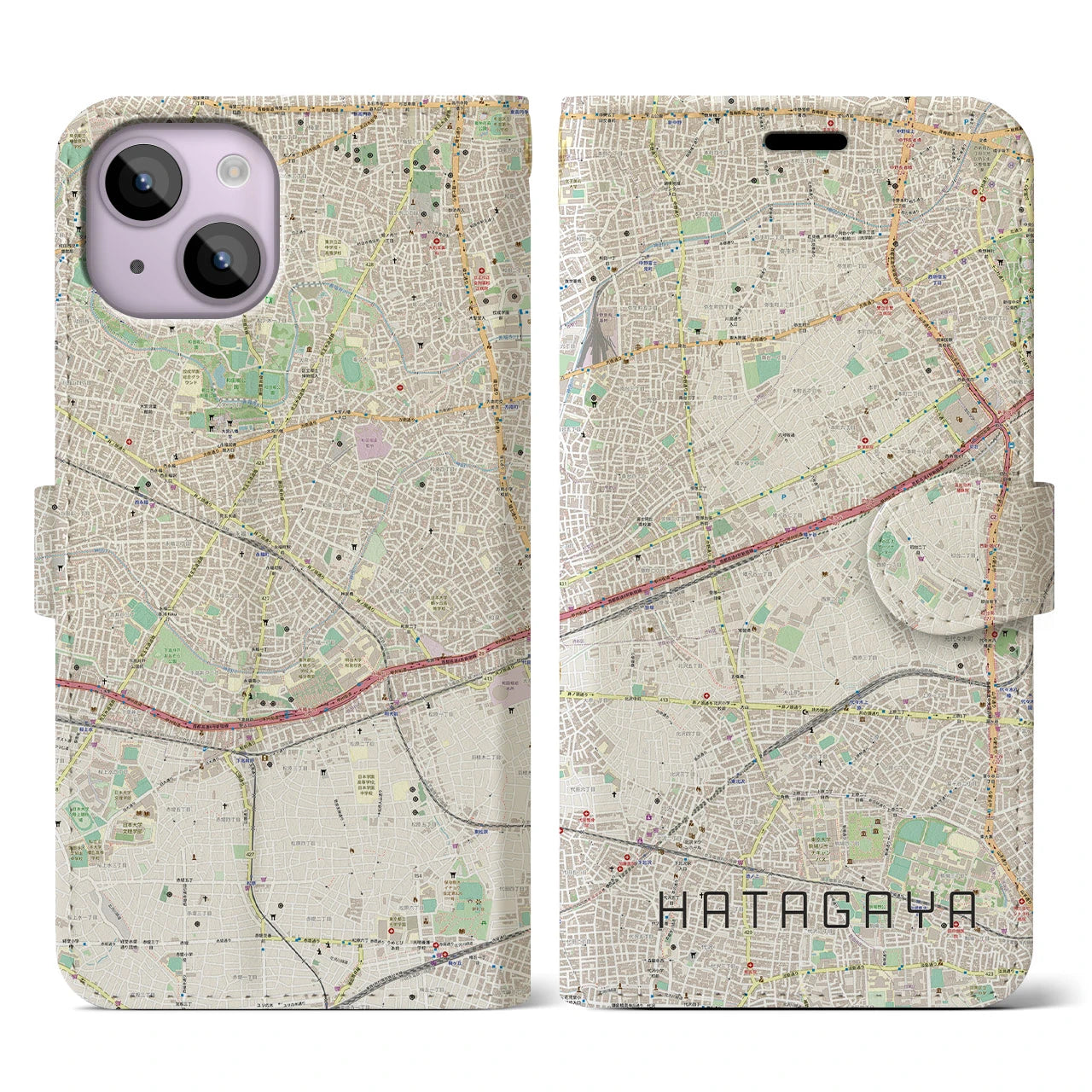 【幡ヶ谷】地図柄iPhoneケース（手帳両面タイプ・ナチュラル）iPhone 14 用