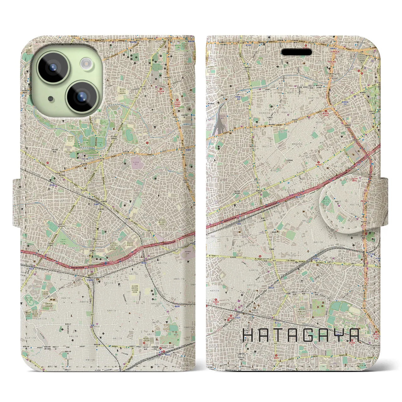 【幡ヶ谷】地図柄iPhoneケース（手帳両面タイプ・ナチュラル）iPhone 15 用