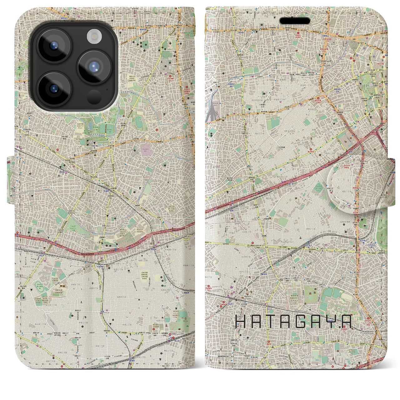 【幡ヶ谷】地図柄iPhoneケース（手帳両面タイプ・ナチュラル）iPhone 15 Pro Max 用
