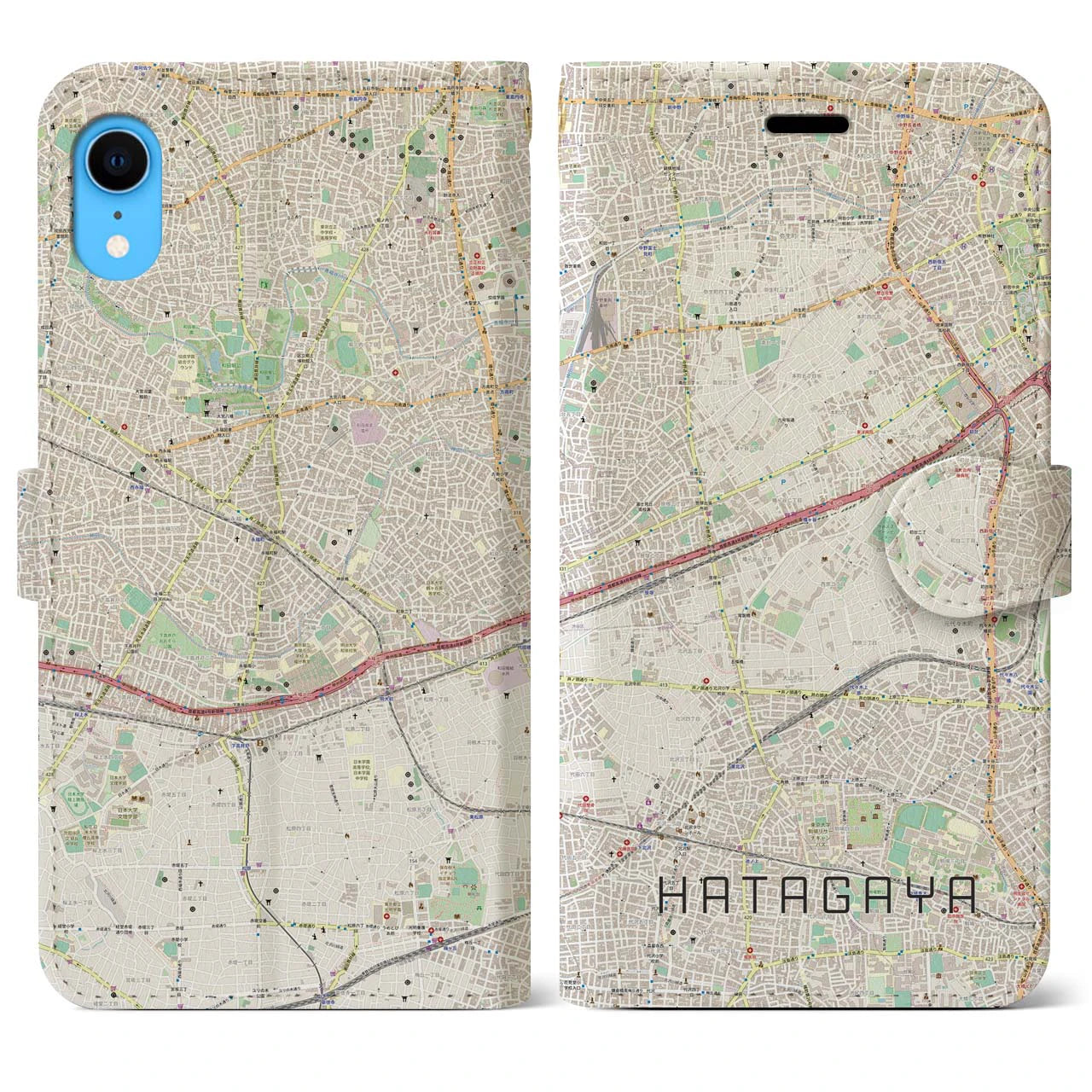 【幡ヶ谷】地図柄iPhoneケース（手帳両面タイプ・ナチュラル）iPhone XR 用