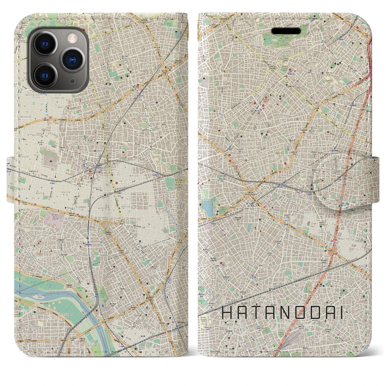 【旗の台】地図柄iPhoneケース（手帳両面タイプ・ナチュラル）iPhone 11 Pro Max 用