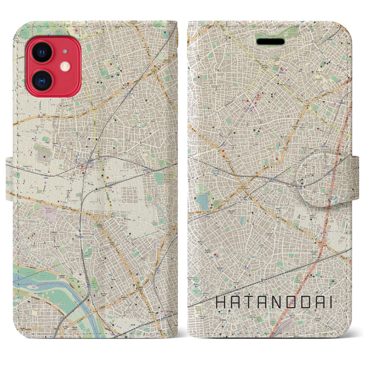 【旗の台】地図柄iPhoneケース（手帳両面タイプ・ナチュラル）iPhone 11 用