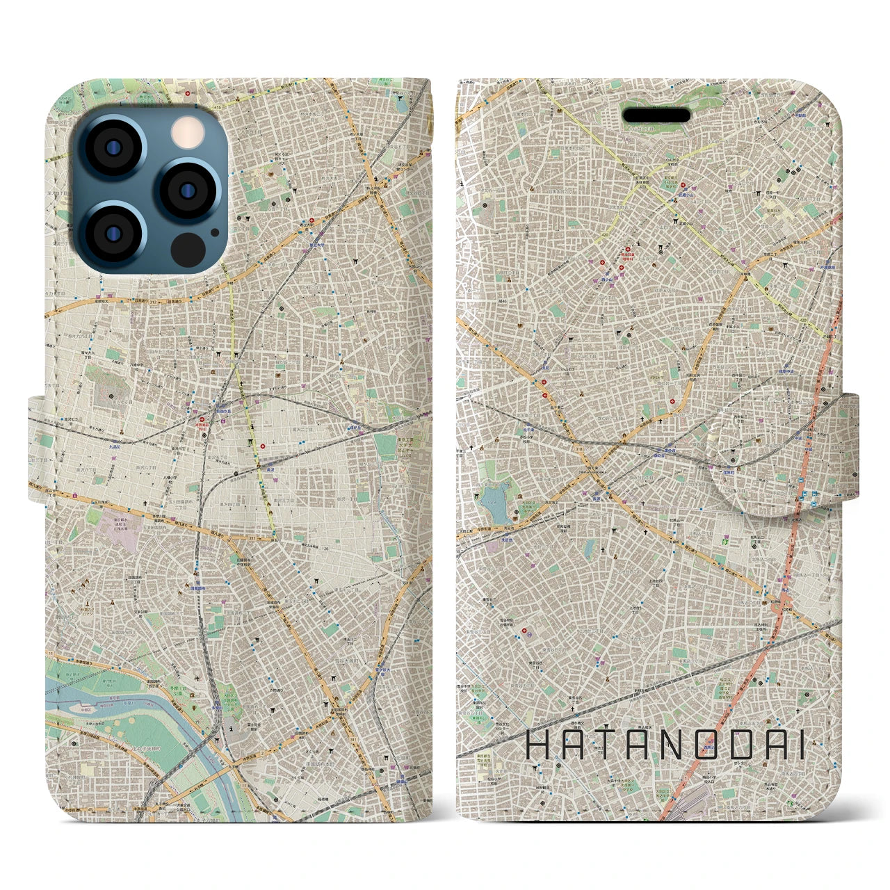 【旗の台】地図柄iPhoneケース（手帳両面タイプ・ナチュラル）iPhone 12 / 12 Pro 用