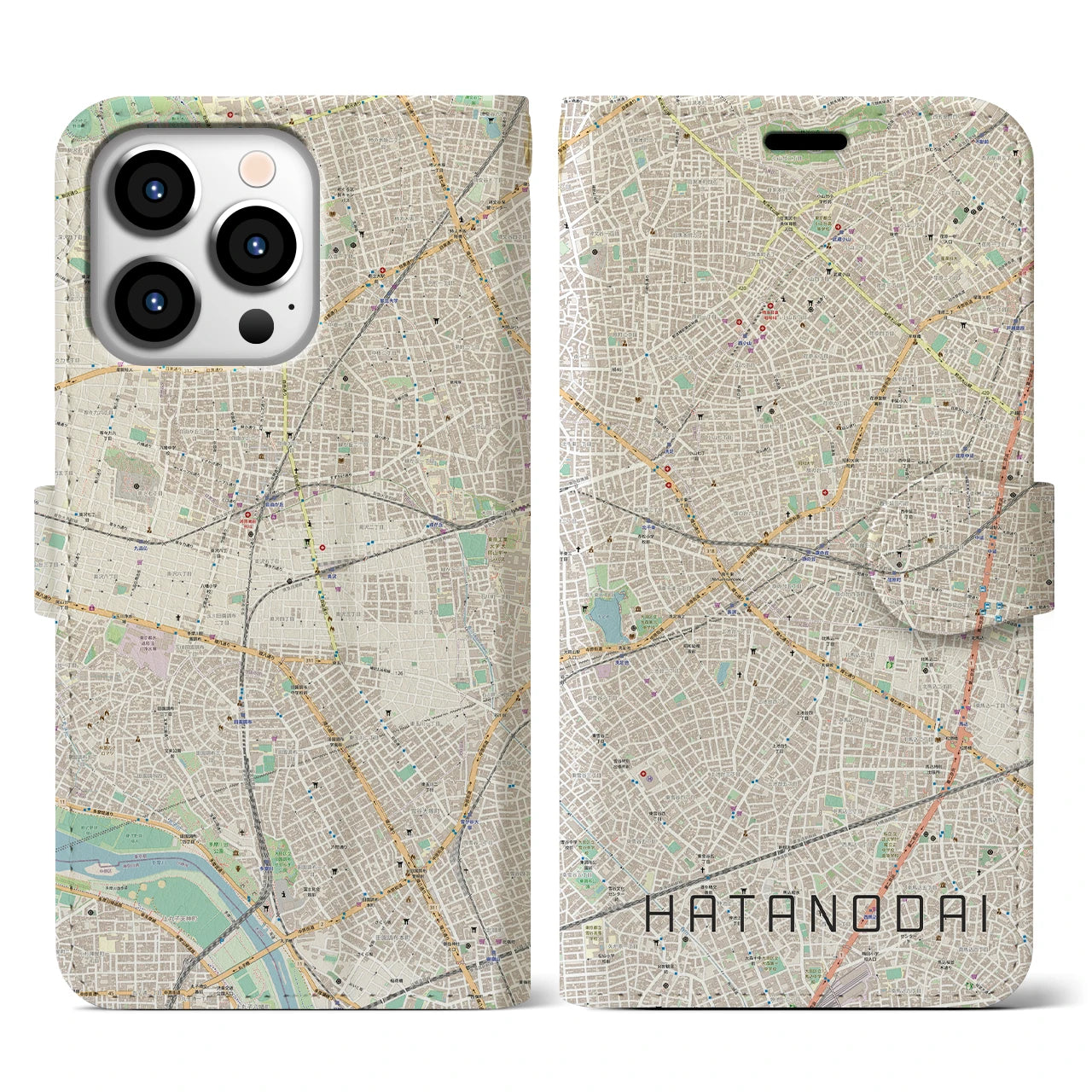 【旗の台】地図柄iPhoneケース（手帳両面タイプ・ナチュラル）iPhone 13 Pro 用