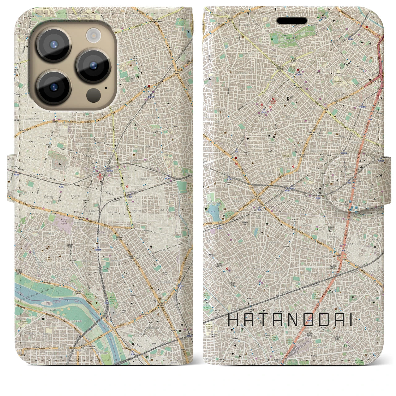 【旗の台】地図柄iPhoneケース（手帳両面タイプ・ナチュラル）iPhone 14 Pro Max 用