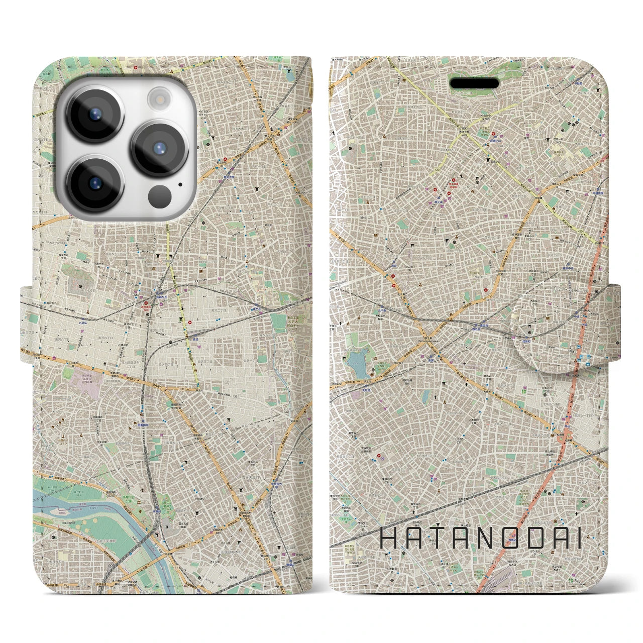 【旗の台】地図柄iPhoneケース（手帳両面タイプ・ナチュラル）iPhone 14 Pro 用