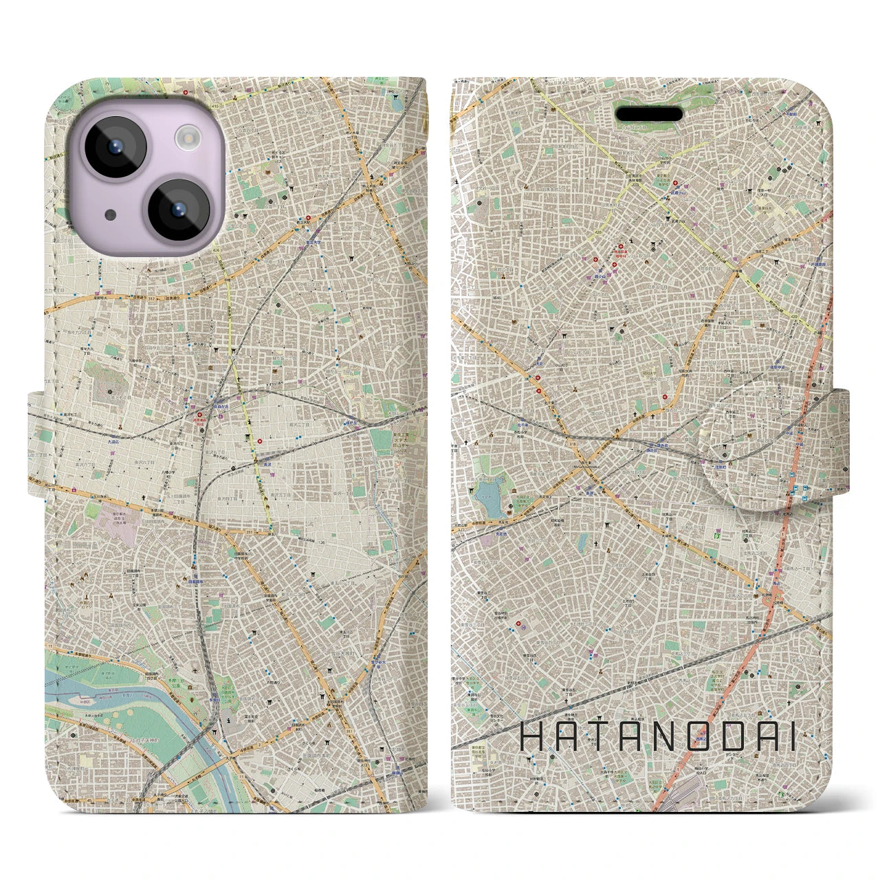 【旗の台】地図柄iPhoneケース（手帳両面タイプ・ナチュラル）iPhone 14 用
