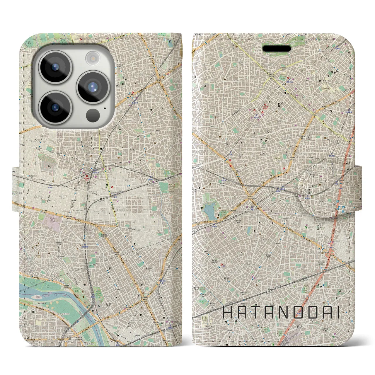 【旗の台】地図柄iPhoneケース（手帳両面タイプ・ナチュラル）iPhone 15 Pro 用