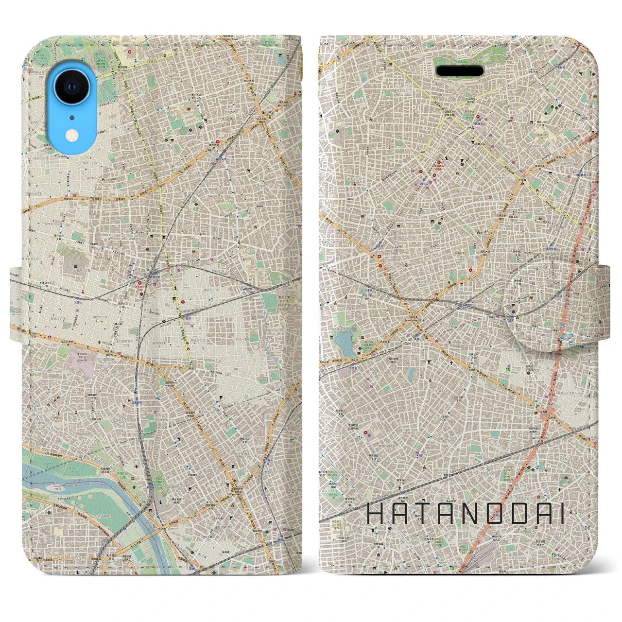 【旗の台】地図柄iPhoneケース（手帳両面タイプ・ナチュラル）iPhone XR 用