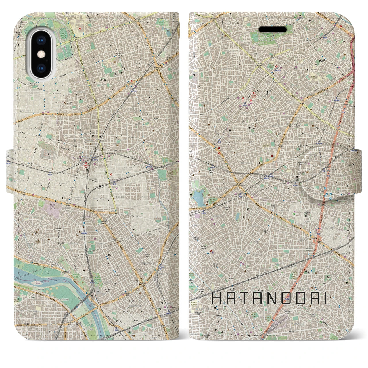 【旗の台】地図柄iPhoneケース（手帳両面タイプ・ナチュラル）iPhone XS Max 用