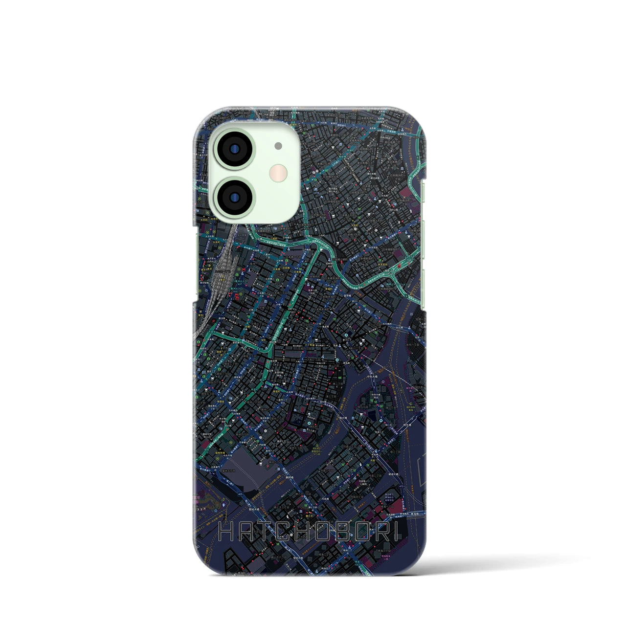 【八丁堀】地図柄iPhoneケース（バックカバータイプ・ブラック）iPhone 12 mini 用